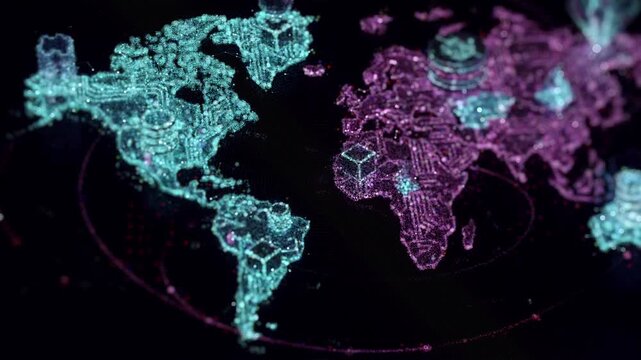 3D rendered glowing world map made of particles and lines, showing global network connections and data flow on a dark background. Futuristic technology visualization animation.