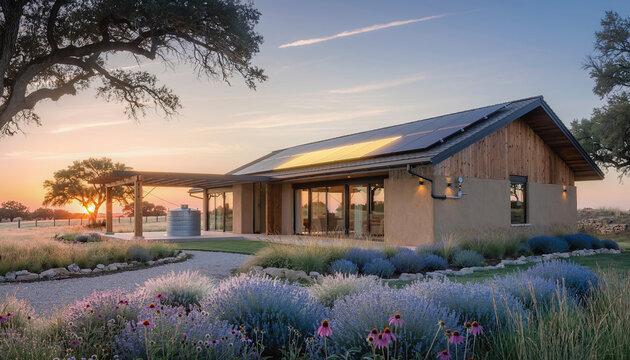 Contemporary eco-home at sunrise in sustainable neighborhood with solar panels