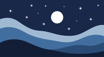 Stylized night landscape with moon and stars over wavy hills, flat vector illustration © pumpskin