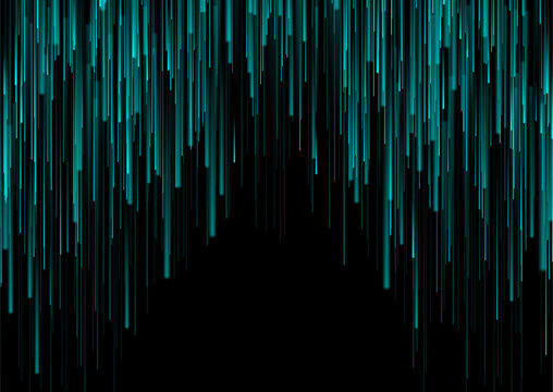 Abstract dark futuristic background with falling cyan blue digital matrix lines. Cyber network vector design.