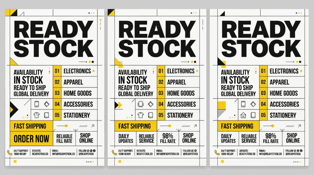The ready stock advertisement displays electronic product labels with fast shipping information.