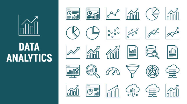 A collection of professional data analytics line icons representing business growth and various financial chart statistics