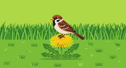 Cartoon sparrow perched on a dandelion in a grassy meadow, flat vector illustration © angsutnyakinah
