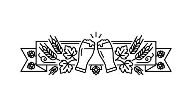 Minimalist line art illustration of two beer glasses clinking together with wheat and hops.