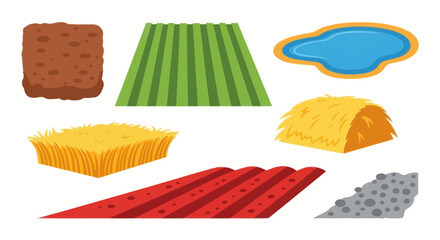 Farm elements set with soil, crops, pond, and hay bales in cartoon style © angsutnyakinah