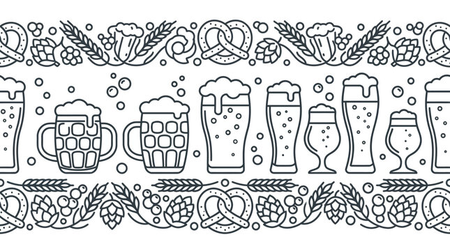 Seamless pattern featuring beer glasses, pretzels, and wheat stalks in a hand-drawn doodle style.