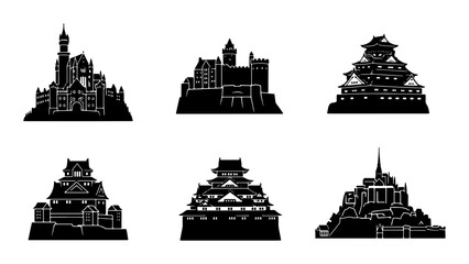 Set of 6 Black Silhouette Castles and Fortresses, Historic Architecture Icons, Medieval and Japanese Structures, Royal Buildings Collection © Fatema