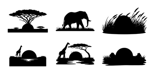 African Safari Silhouettes: Elephant, Giraffe, Acacia Tree, Sunset, Grassland Elements, Vector Set for Nature and Wildlife Design © Nadiya