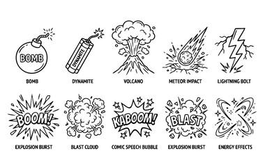 Collection of black and white cartoon explosion and boom effect icons set © Afsana
