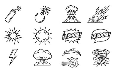 Collection of black and white cartoon explosion and boom effect icons set © Afsana