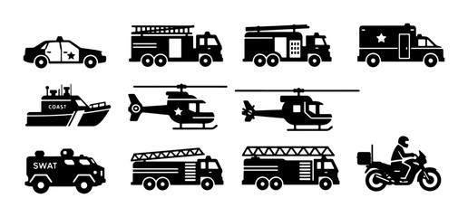 Emergency Vehicle Icons Set: Police Car, Fire Truck, Ambulance, Helicopter, Boat, SWAT Van, Motorcycle © MdShakil