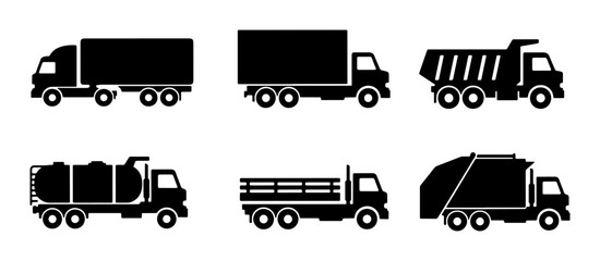 Six Silhouette Truck Icons: Delivery, Dump, Garbage, Tanker, Flatbed, Semi-Trailer Trucks for Logistics and Transport Graphics © Nadiya