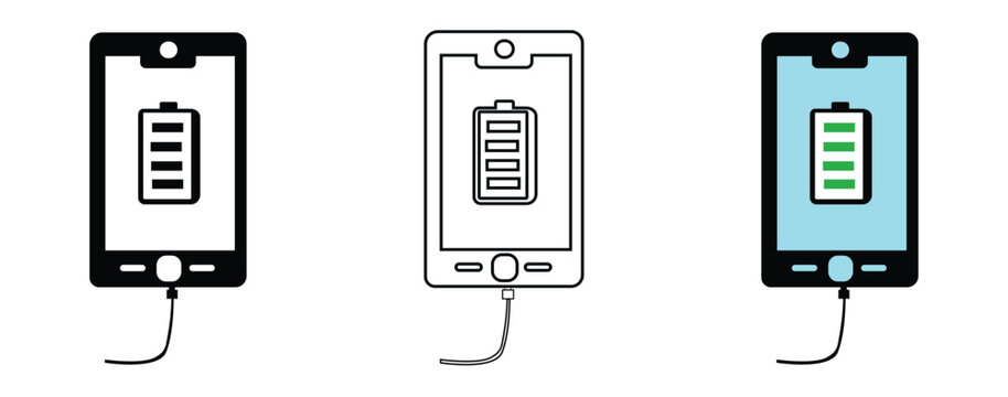 Smartphone charging icon set with battery indicator and cable in solid glyph, simple outline and colorful flat styles
