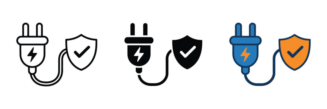 Electric Plug with Checkmark Shield. Electric plug connected to a protection shield with checkmark icon, illustrating protected electrical systems, dependable energy distribution, safety certification