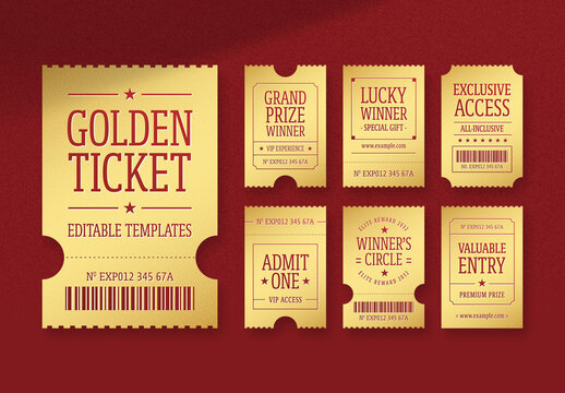 Golden Ticket Template Set For Raffle, Giveaway, VIP Pass, Prize Voucher, Admit One Cards