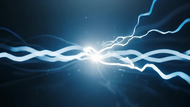 Luminous blue lightning bolts colliding with a powerful electric energy discharge, creating a brilliant explosion of light and showcasing a futuristic storm concept