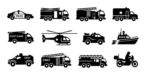 Emergency Services Vehicle Icons Set, Police Car, Fire Truck, Ambulance, Coast Guard Boat, Helicopter, SWAT Van, Motorcycle, Vector Graphics Collection for Safety and Rescue Concepts © Rabiul