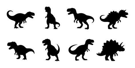 Set of 8 Black Dinosaur Silhouettes, Prehistoric Reptile Vector Icons, Tyrannosaurus Rex and Triceratops Shapes for Kids and Education © MdShakil