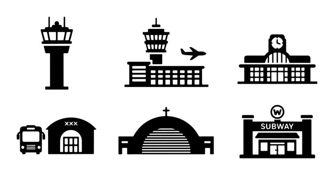 Modern Transportation Hub Icons: Airport Control Tower, Terminal, Train Station, Bus Depot, Subway Entrance, and Church Building Vector Set