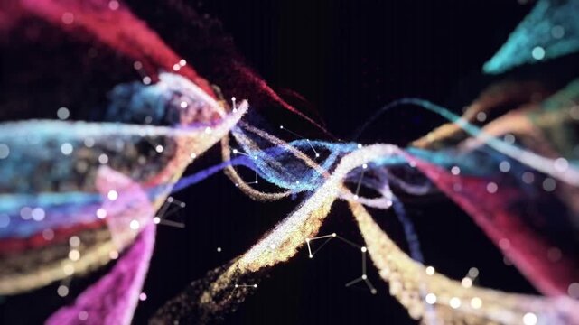 3D rendered abstract animation of flowing colorful particle ribbons with glowing bokeh and subtle connecting lines on a dark background. Futuristic technology and data visualization concept.