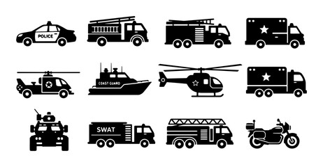Emergency Service Vehicles Vector Icons: Police Cars, Fire Trucks, Ambulances, Helicopters, Boats, SWAT Truck, Motorcycle © Rabiul