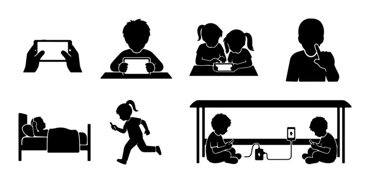 Children's Digital Life Icons: Screen Time, Gaming, and Gadget Use, Vector Set