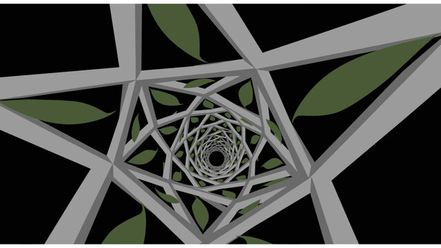 Abstract geometric tunnel with green leaves and black background, optical illusion of depth and infinity