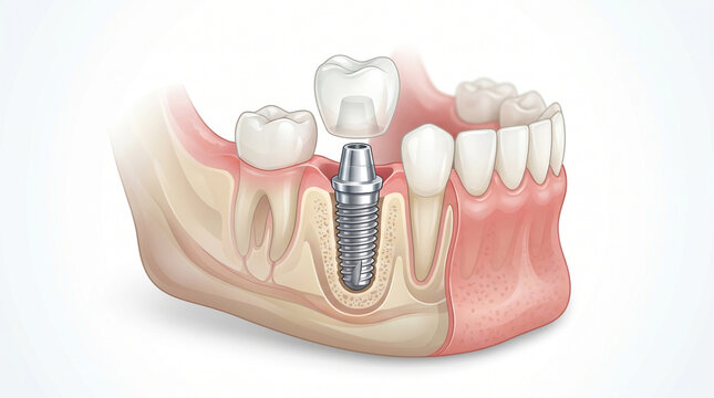 Medical cross section illustration of a dental implant in human jawbone