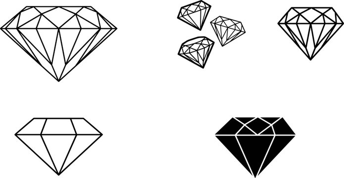 Geometric diamond icons in outlined and solid styles with symmetrical facets, versatile vector design elements for creative graphic projects