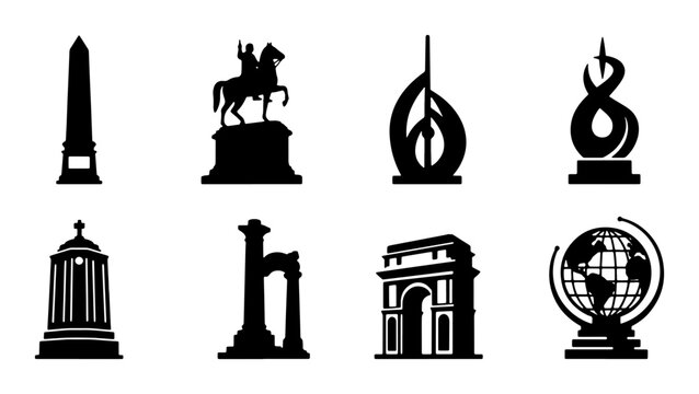 Monuments and Landmarks Silhouettes Collection, Iconic Architecture Vector Icons, Global Travel Symbols, Historical Structures Set
