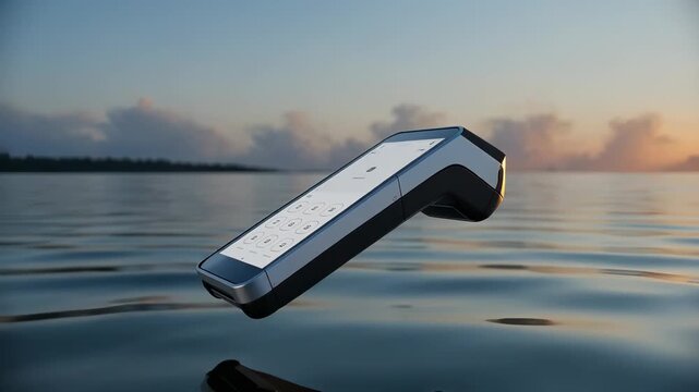 Point of sale terminal for contactless credit card payment floating over the sea at sunset, symbolizing global business, fintech innovation and modern transaction technology