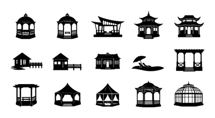 Naklejka premium Diverse Gazebo and Pavilion Silhouettes, Outdoor Structures Collection, Garden Shelter Icons, Architectural Elements Set