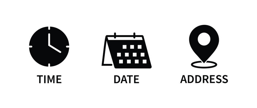 Time, date and address icon. Clock, calendar and location elements for scheduling vector illustration.  event scheduling and time icons. Useful date and address details for navigation symbol.   