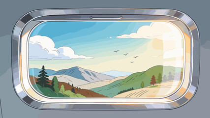 View from an airplane window of a sunlit mountain landscape with rolling green hills and fields. © umah