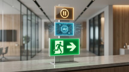 Fototapeta premium AI technology controlling building safety systems for efficient emergency evacuation and operational pauses