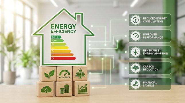 Energy Efficiency house concept with infographic elements showing reduced consumption, renewable energy, carbon reduction, and financial savings for modern homes.