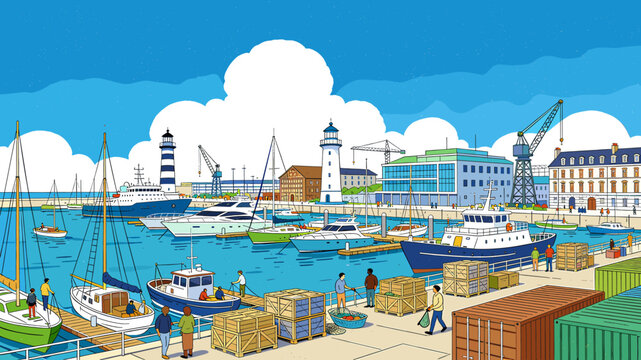 A vibrant illustration of a bustling harbor filled with various boats, ships, cranes, and people engaged in loading and unloading cargo under a clear blue sky.