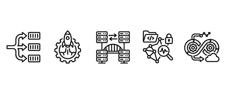 Line icons depicting data exchange rocket launch coding security and bicycle repair