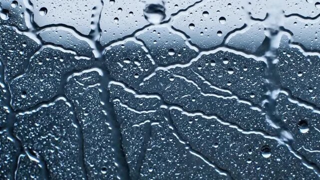 A close-up view of water droplets on a windowpane with a cracked ice pattern