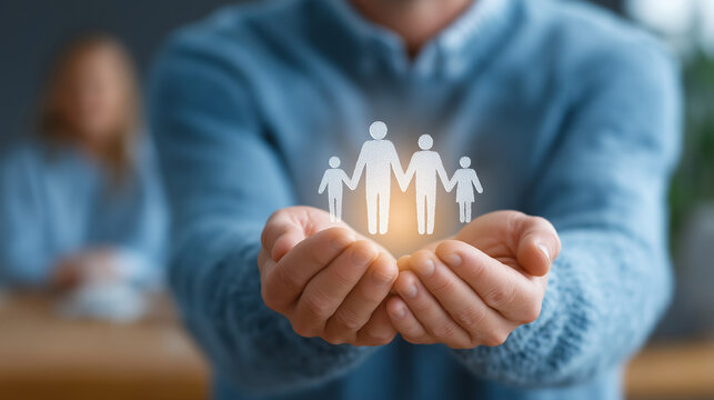 Family Icon Held in Hands: A man's cupped hands tenderly hold a glowing icon representing a family of four, symbolizing protection, care, and the importance of loved ones.