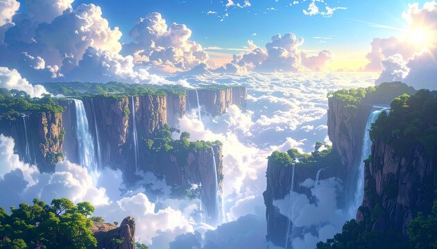 朝日に輝く雲海の天空渓谷と滝が広がる幻想的な絶景
