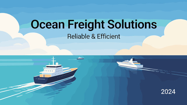 An illustration depicting ocean freight solutions with two ships sailing on the blue sea under a clear sky, emphasizing reliable and efficient transport.