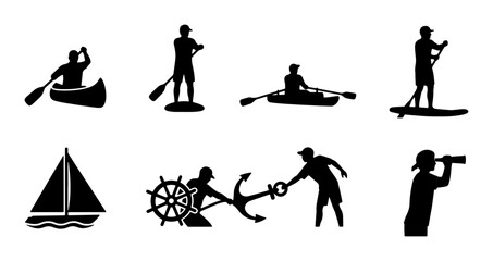 Water Sports and Nautical Activities Vector Icons Set: Canoeing, Kayaking, Paddleboarding, Sailing, Anchoring, and Observation, Black Silhouettes for Outdoor Recreation and Marine Themes © Arefin