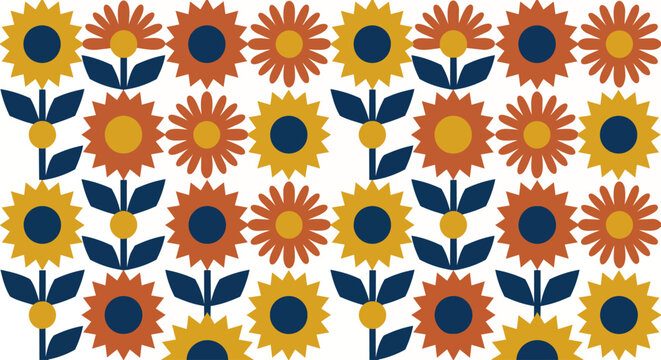 A modern, minimalist pattern composed of abstract, geometric sunflowers and daisies, sharp clean shapes, bold solid colors of mustard yellow, terracotta, and navy blue,