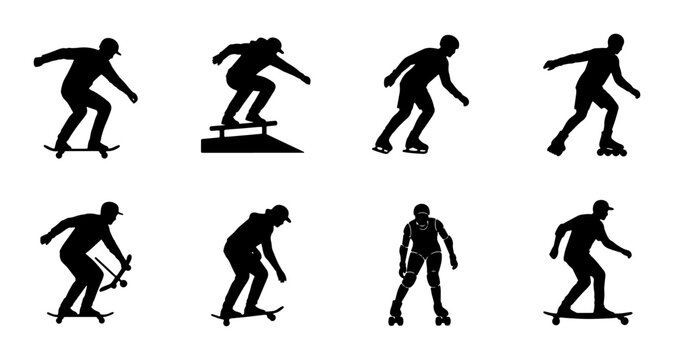 Skateboarder and Rollerblader Silhouettes, Extreme Sports Action Icons, Dynamic Urban Lifestyle Vector Set