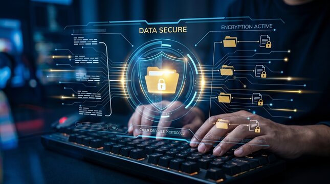 Close up of a person hands on keyboard with data secure interface and encryption active for cyber defense protocols