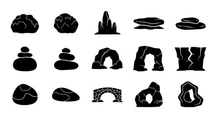 Collection of 15 Stone and Rock Icons, Geological Formations and Natural Elements, Vector Graphics for Design © Arefin