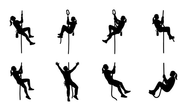 Silhouette Vector Icons: Rock Climbing, Rappelling, and Abseiling Poses. Dynamic Action Figures for Adventure Sports and Outdoor Activities Graphics.