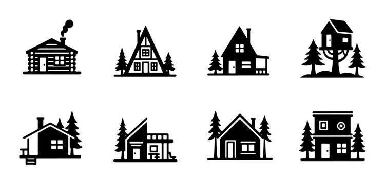 Set of 8 Diverse House Icons, Vector Graphics: Cozy Cabins, Modern Homes, Treehouse, A-Frame, and Traditional Dwellings for Real Estate, Travel, and Architecture Concepts