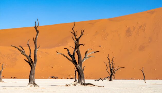 Ancient dead camel thorn trees in Deadvlei desert Namibia.